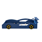 Lit plateforme en forme de voiture de course LUMISOL taille simple, cadre de lit en bois avec roues et barrières de sécurité pour chambre d'enfants, pas besoin de sommier, bleu