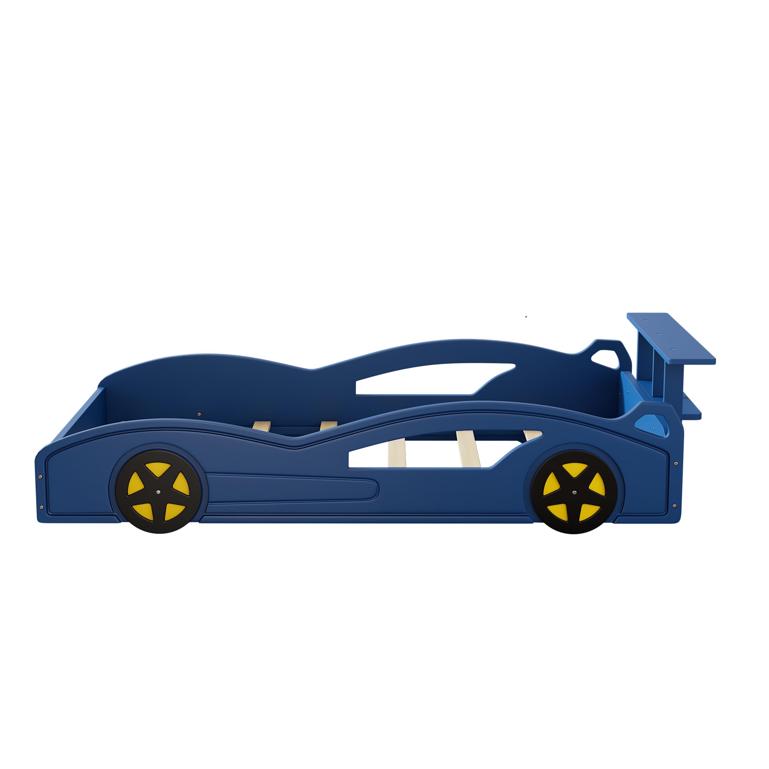 Lit plateforme en forme de voiture de course LUMISOL taille simple, cadre de lit en bois avec roues et barrières de sécurité pour chambre d'enfants, pas besoin de sommier, bleu