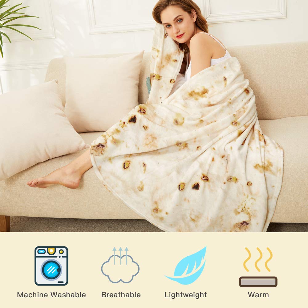 Burrito Tortilla Throw Blanket, 2.0 Double Sided Burritos Taco Tortilla Wrap Blankets,Giant Funny Realistic Flannel Food Round Blankets,Funny Gifts for Kids Newborn Toddler Dog Cat Baby Shower 47in