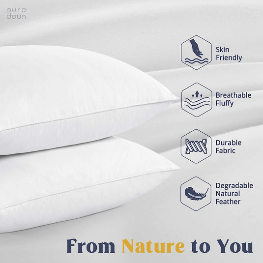 puredown® Goose Feathers and Down White Pillows with 100% Cotton Cover, Bed Sleeping Hotel Collection Pillows Set of 2, Standard Size