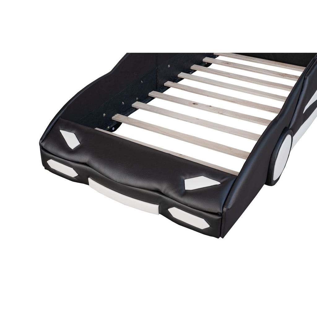 Roues de plateforme en forme de course Brisca taille double, cadre de lit voiture rembourré pour chambre, rails des deux côtés et support à lattes, pour enfants adolescents garçon fille, noir
