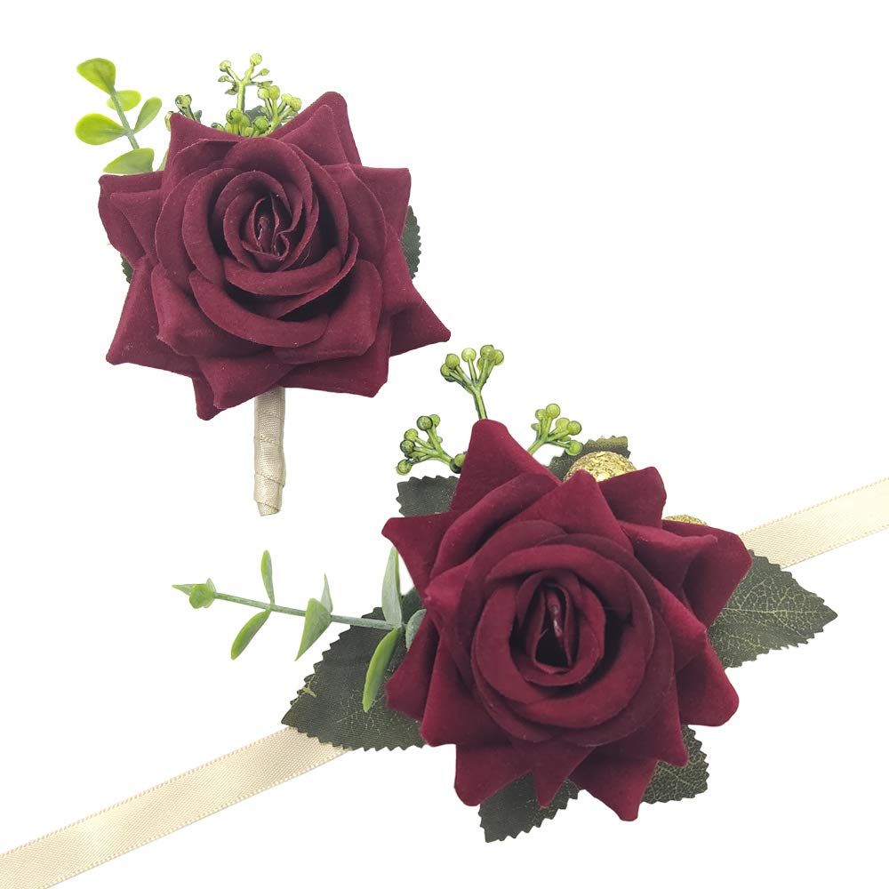 Arlai Wedding Prom Corsage and Boutonniere Set, Rose Wrist Corsage Ribbon Bracelet, Artificial Flower(Burgundy)