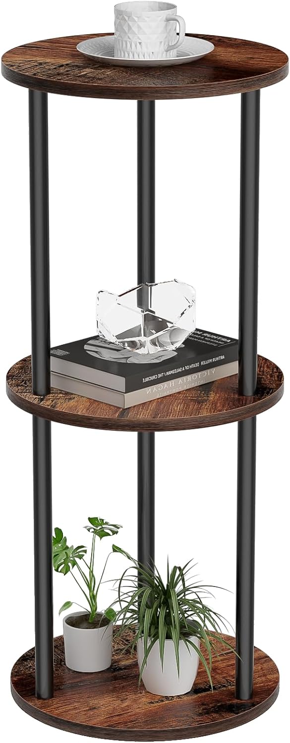 11.8'D Round Drink Table - 3-Tier Small Side Table with Wood Legs, End Table for Small Space, Balcony & Office | Space-Saving, Multi-Functional (Plants, Books, Drinks), Brown