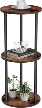 11.8'D Round Drink Table - 3-Tier Small Side Table with Wood Legs, End Table for Small Space, Balcony & Office | Space-Saving, Multi-Functional (Plants, Books, Drinks), Brown
