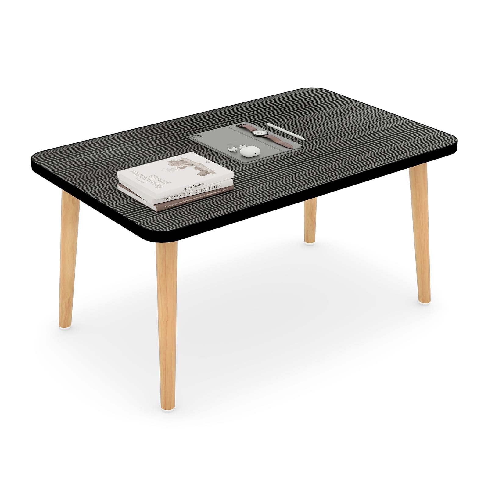 Square Coffee Table Low Table with 4 Solid Wood Sturdy Legs, Floor Table Desk for Sitting on The Floor, Storage and Living Room Furniture (White)