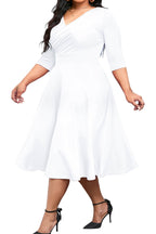 CLOCOR Women's Plus Size Midi Dress 3/4 Sleeve A-Line Swing Dress V Neck Flowy Casual Dresses White 2X-Large