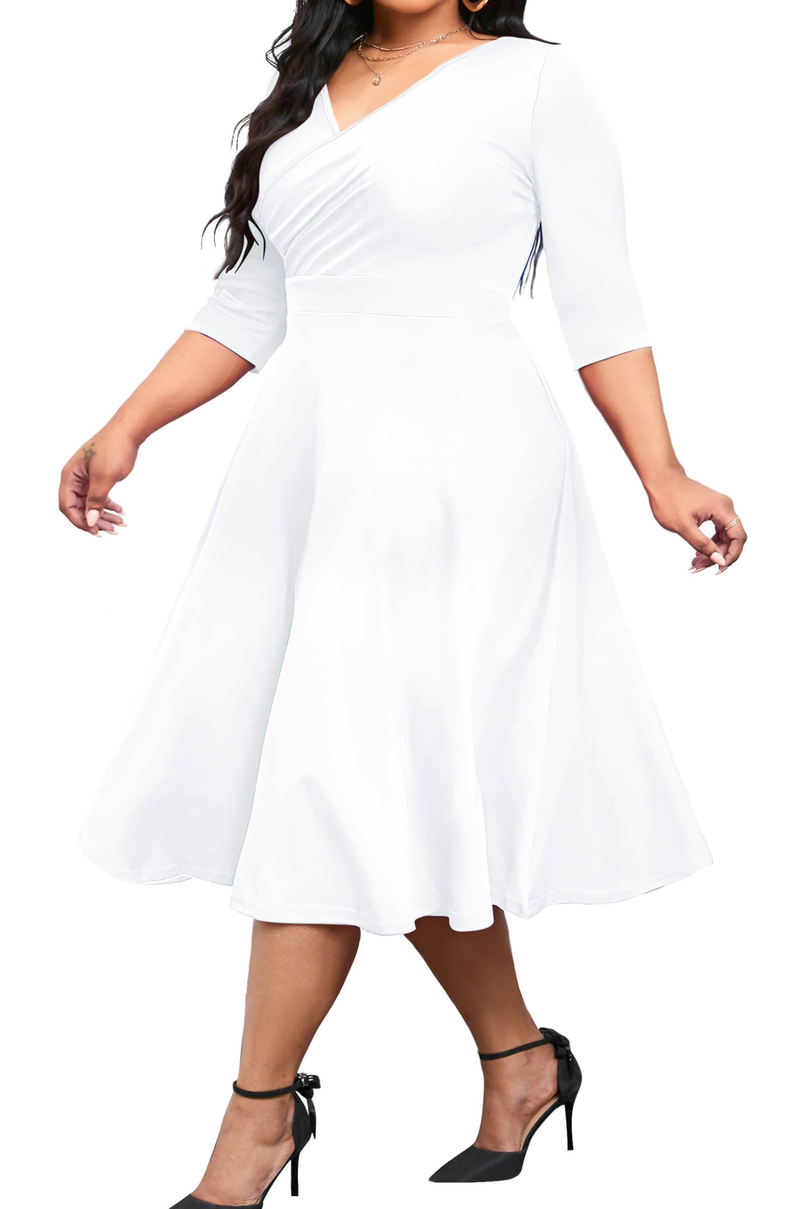 CLOCOR Women's Plus Size Midi Dress 3/4 Sleeve A-Line Swing Dress V Neck Flowy Casual Dresses White 2X-Large