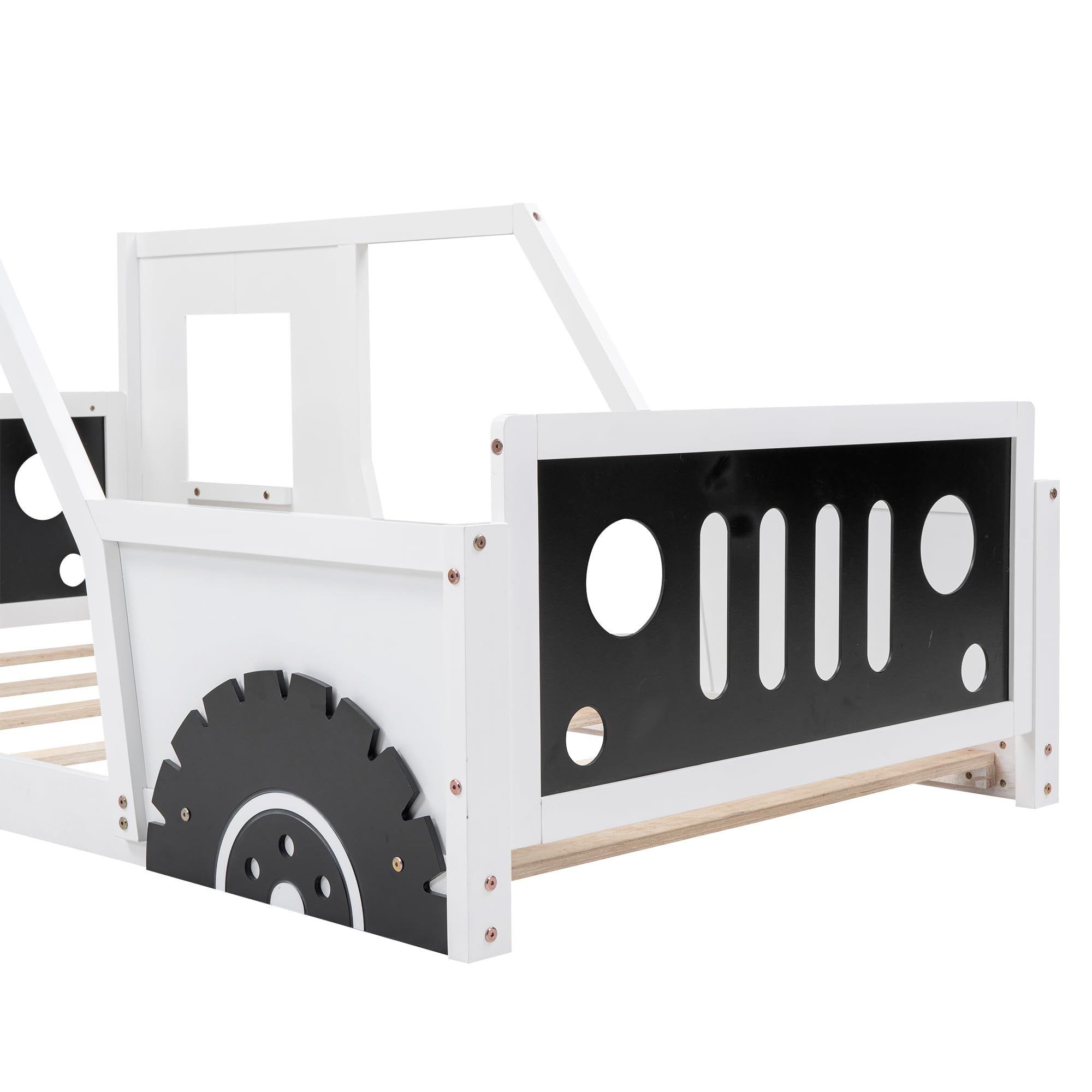 MERITLINE Twin Size Kids Floor Bed with Car-Shaped and Wheels, Wooden Twin Platform Bed Frames with Doors and Windows, Twin Car Bed with Slat Support for Kids Boys Girls, No Box Spring Needed, White