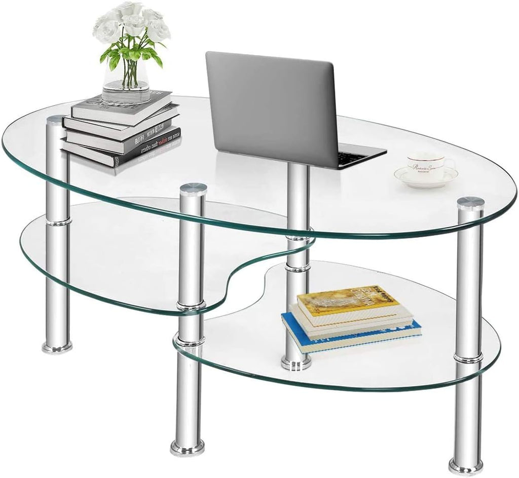 FANTASK Tempered Glass Coffee Table, Oval 3-Tier Steel Tea Table w/Spacious Glass Desk-Top, Open Storage Shelf, Modern End Side Table for Home Living Room Office Reception (Clear Glass)
