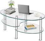 FANTASK Tempered Glass Coffee Table, Oval 3-Tier Steel Tea Table w/Spacious Glass Desk-Top, Open Storage Shelf, Modern End Side Table for Home Living Room Office Reception (Clear Glass)