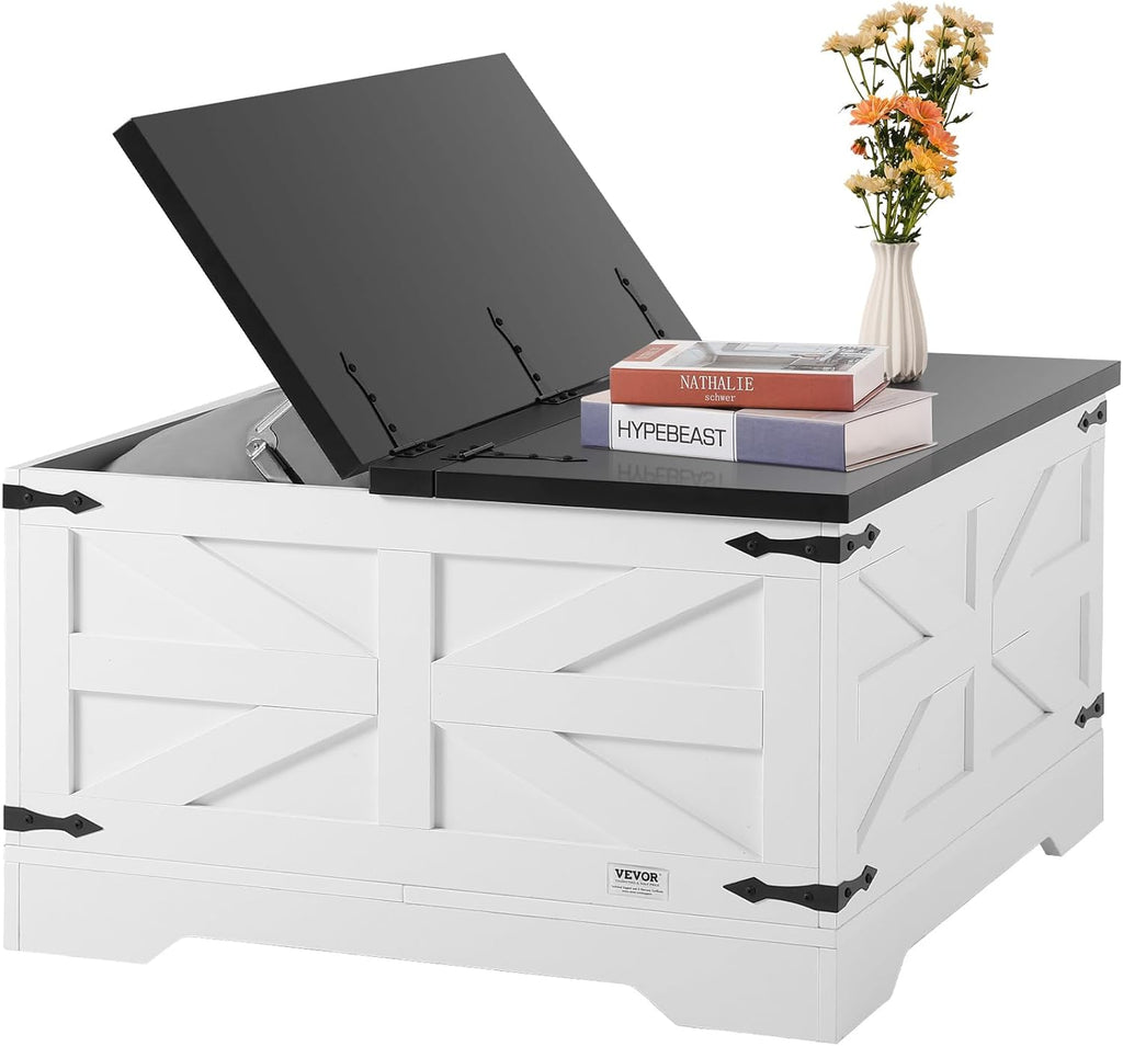 VEVOR 31.5" Farmhouse Coffee Table, Hinged Square Coffee Table with Large Storage Compartment, Wooden Rustic Cocktail Table for Living Room, Bedroom, Apartment, Studio, Black & White