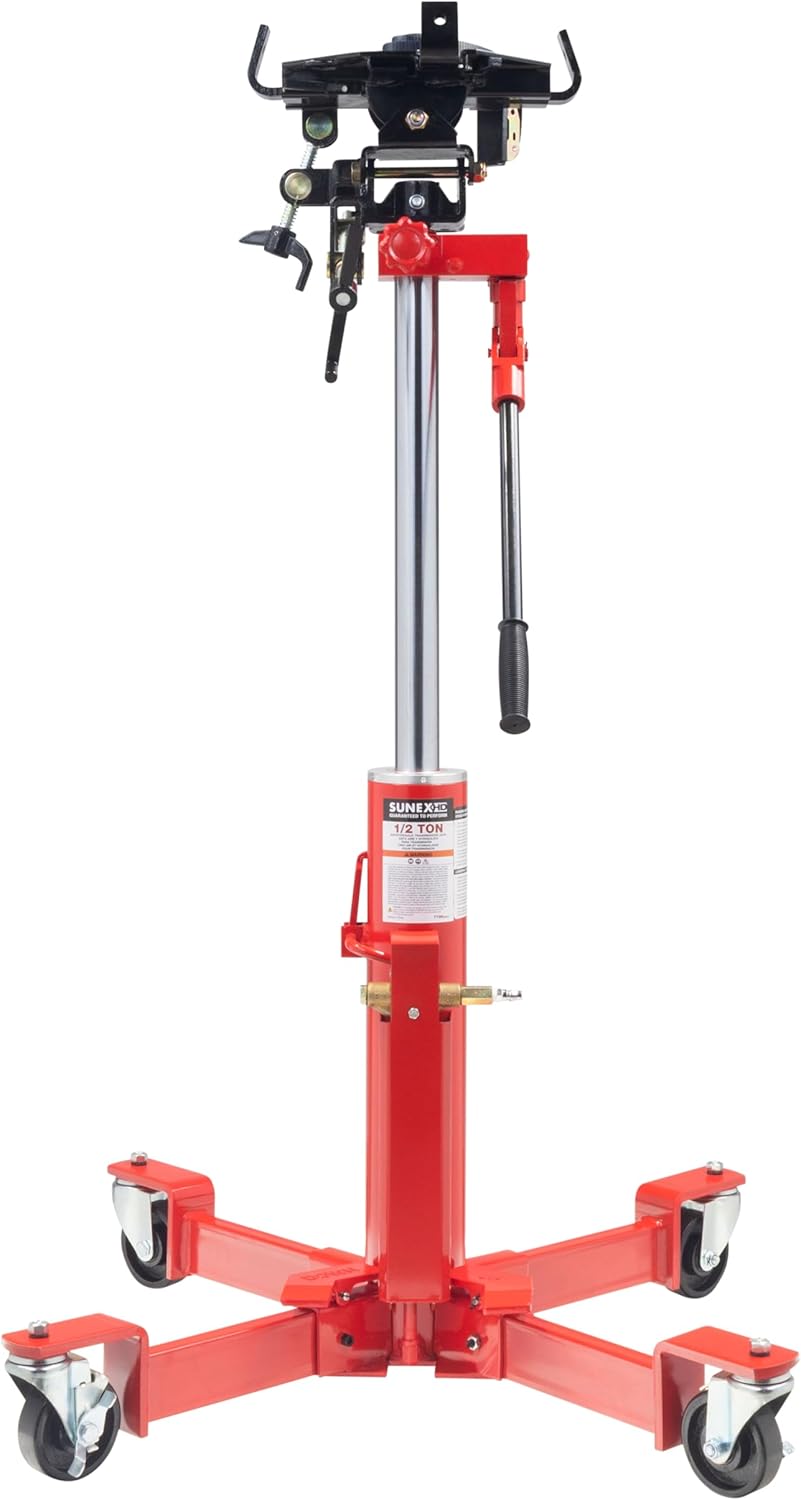 Sunex Tools 7796 1,000 lb Telescopic Transmission Jack, Air/Hydraulic, Foot & Hand Pump, Adjustable Saddle Arms, 73.5 in Max Height