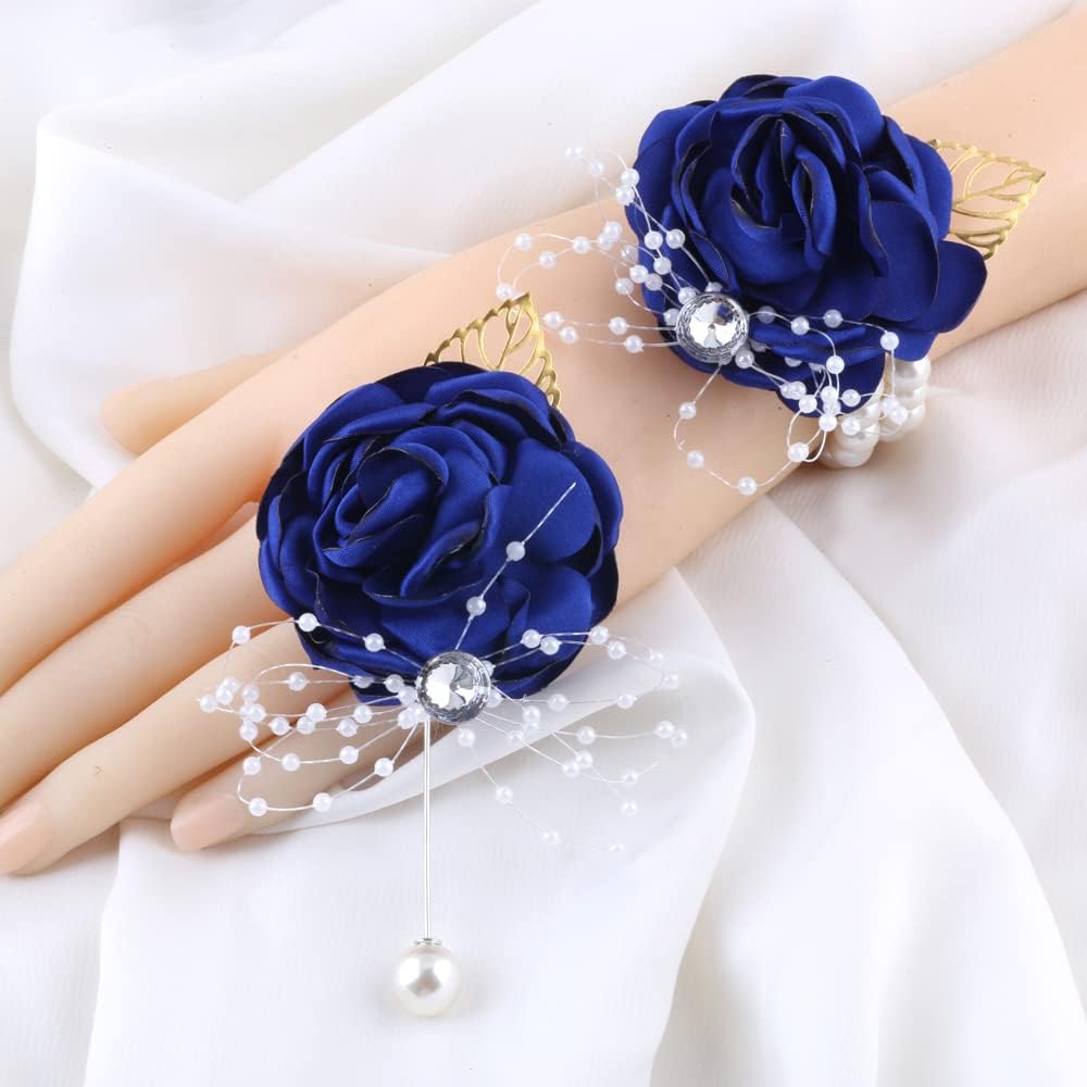 WANLIAN Blue Bridesmaid Wrist Corsage Wedding Flowers Prom Rose Corsage and Boutonniere Set for Wedding Party Prom Wedding Ceremony Anniversary Set of 2(Blue)