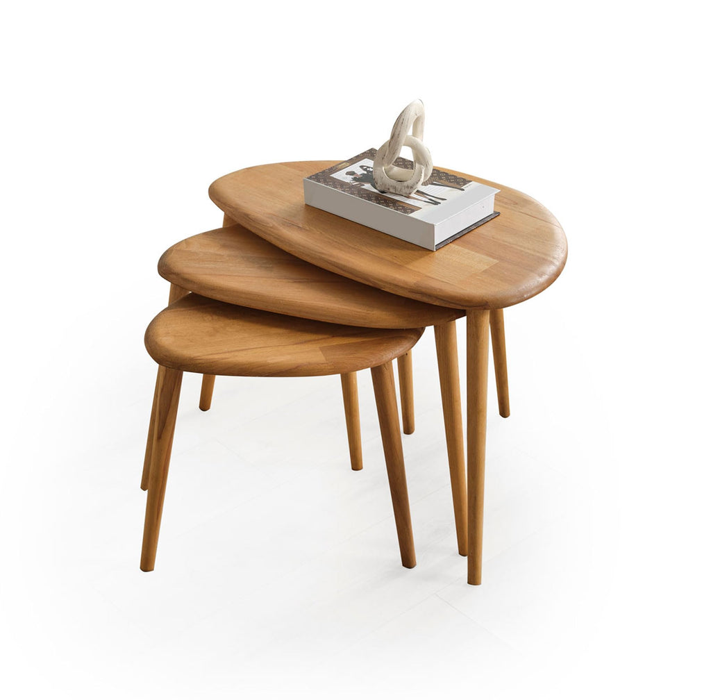 Solid Wood Nesting Coffee Table Set of 3 - Mid Century Modern Pebble Tables with Tapered Legs – Wooden Home Furniture in a Retro Style (Walnut)