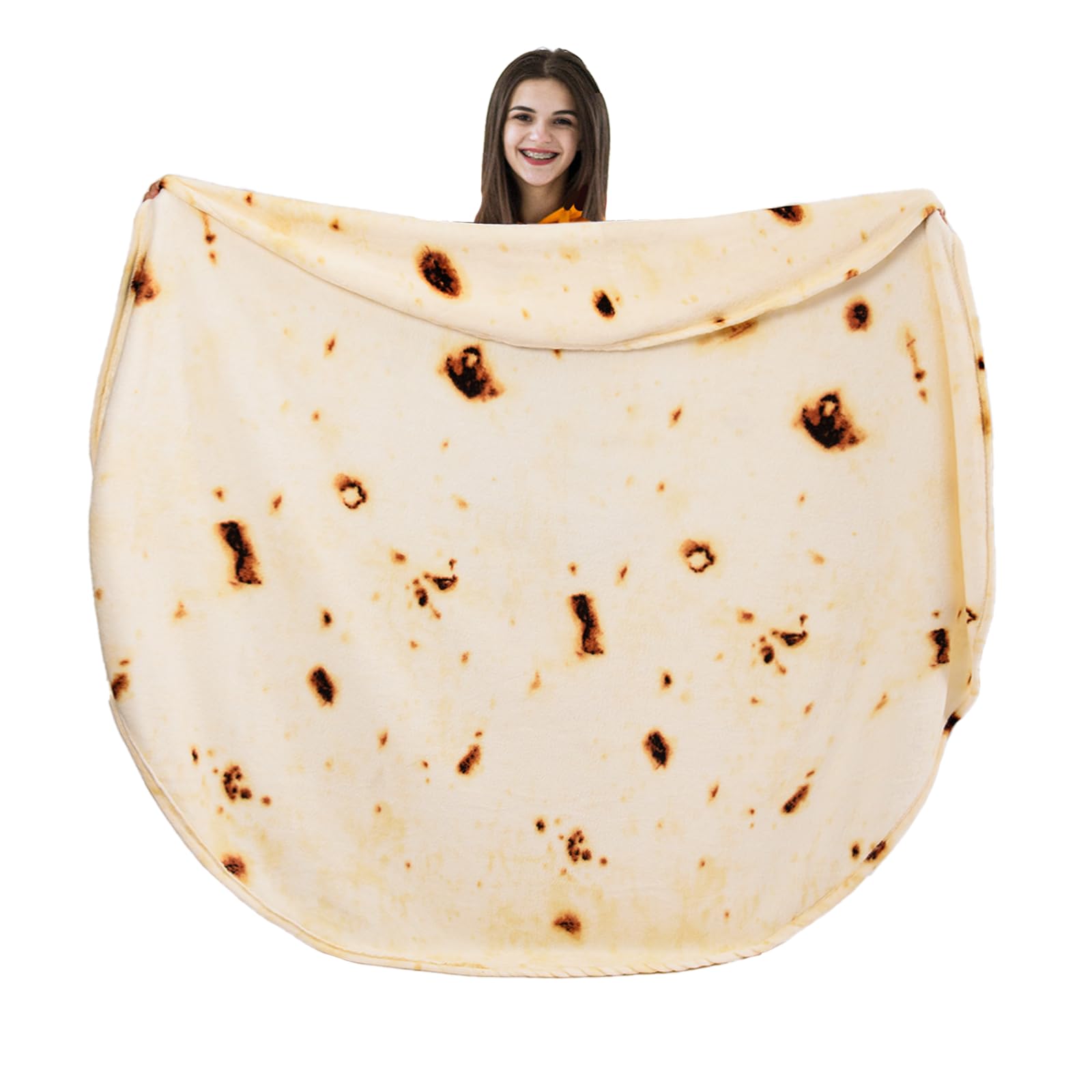 Vessia Burritos Tortilla Blanket Throw Size(Beige,47 inches), Giant Realistic Funny Food Throw for Adults and Kids, 300 GSM Double Sided Soft Novelty Round Taco Blanket