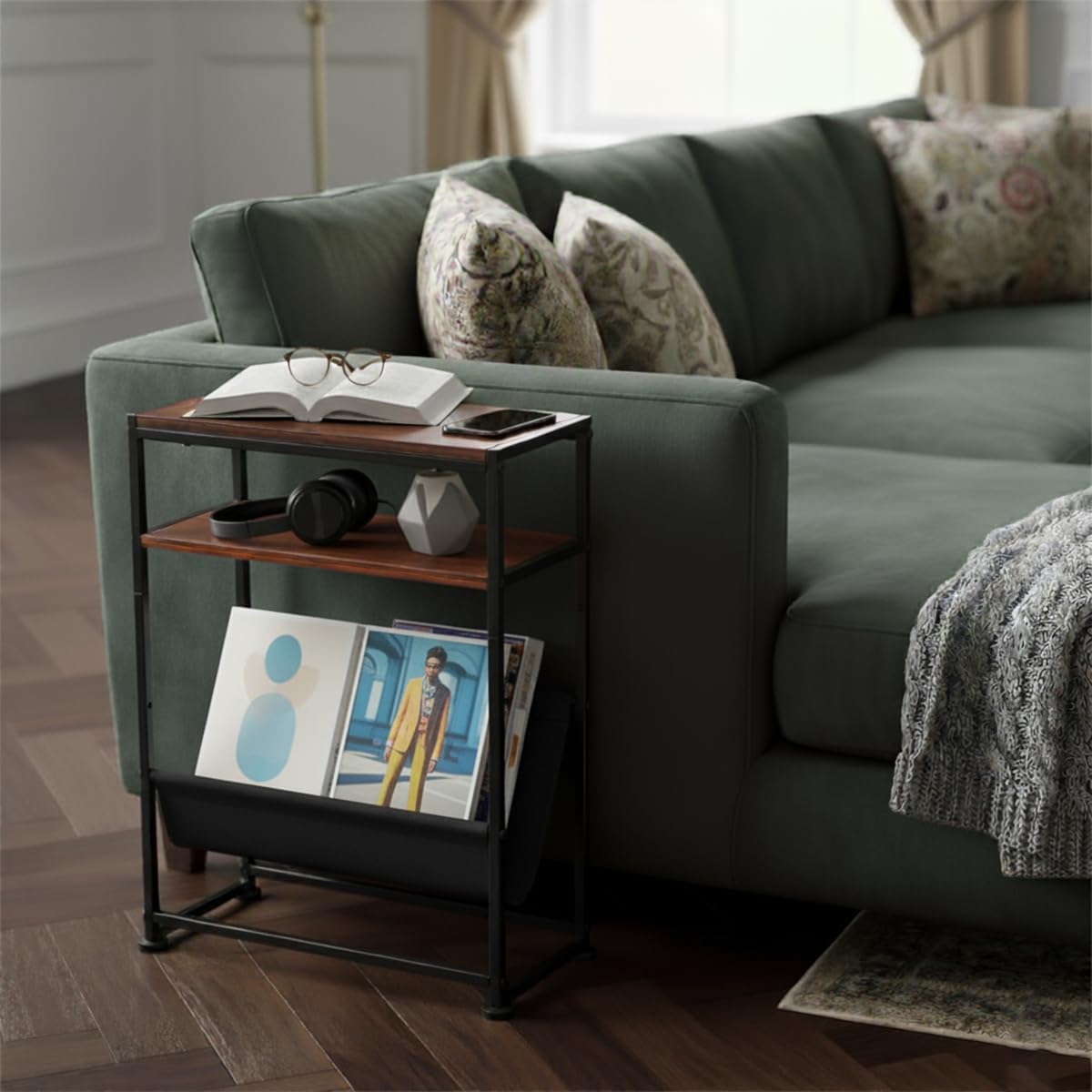 Narrow End Table for Small Spaces - Slim Side Table with Magazine Holder,2 in 1 Design Narrow Coffee Table Living Room,Skinny Bedroom Nightstand Thin Side Magazine Table,Rustic Brown