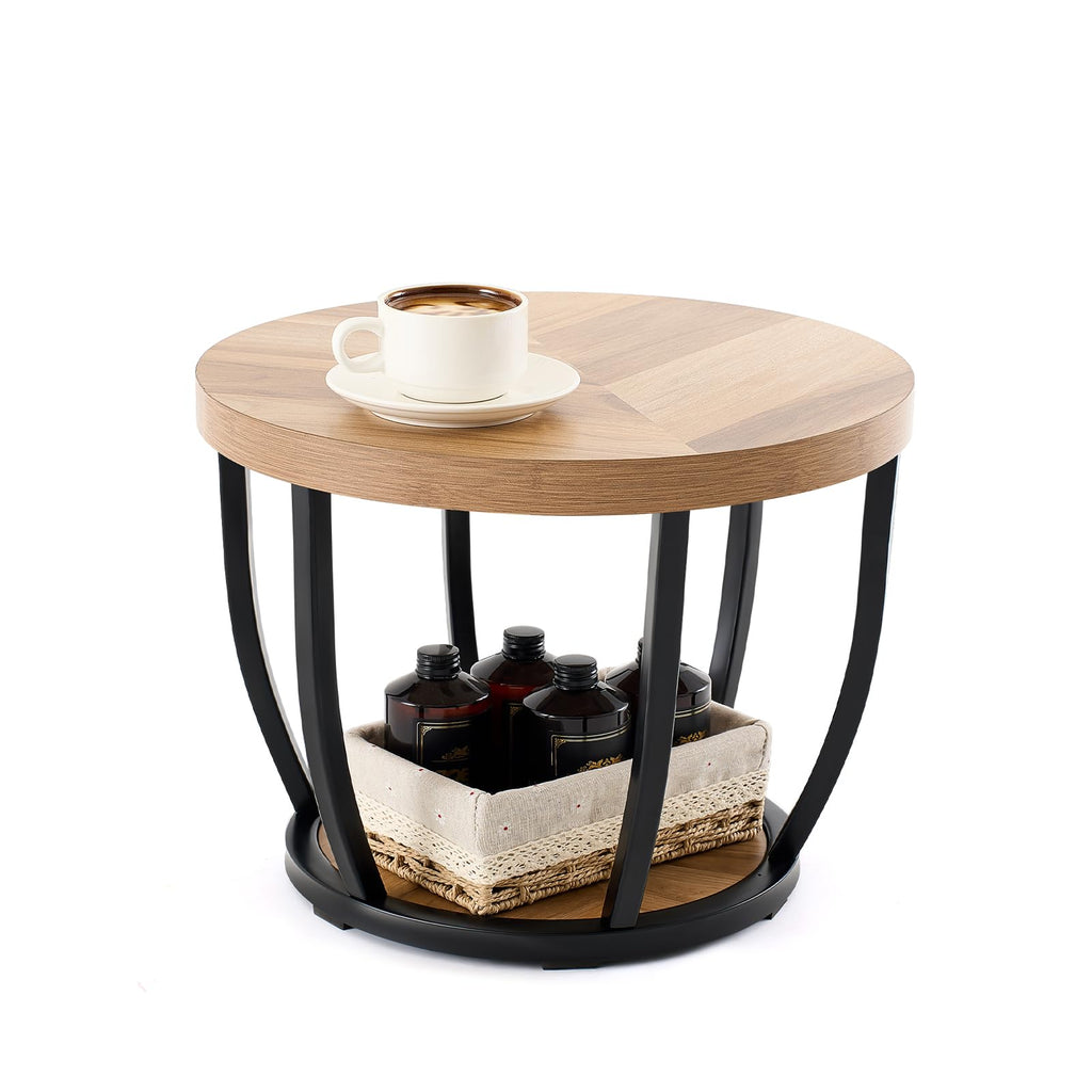 Round Coffee Table, 2-Tier Circle Wood Coffee Table with Storage Shelves, Modern Industrial Wooden Accent Center Sofa Side for Living Room, Home Office(19.7'' Dia X 17.7 H)