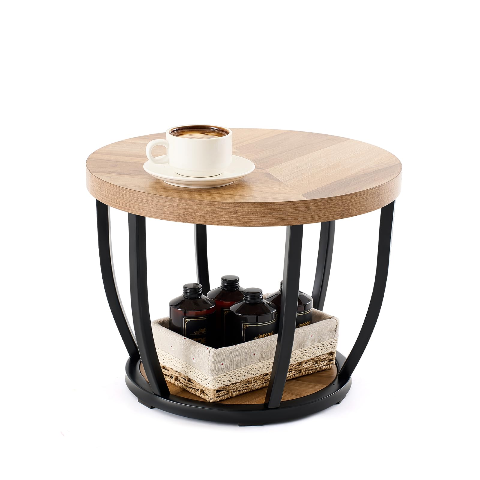 Round Coffee Table, 2-Tier Circle Wood Coffee Table with Storage Shelves, Modern Industrial Wooden Accent Center Sofa Side for Living Room, Home Office(19.7'' Dia X 17.7 H)