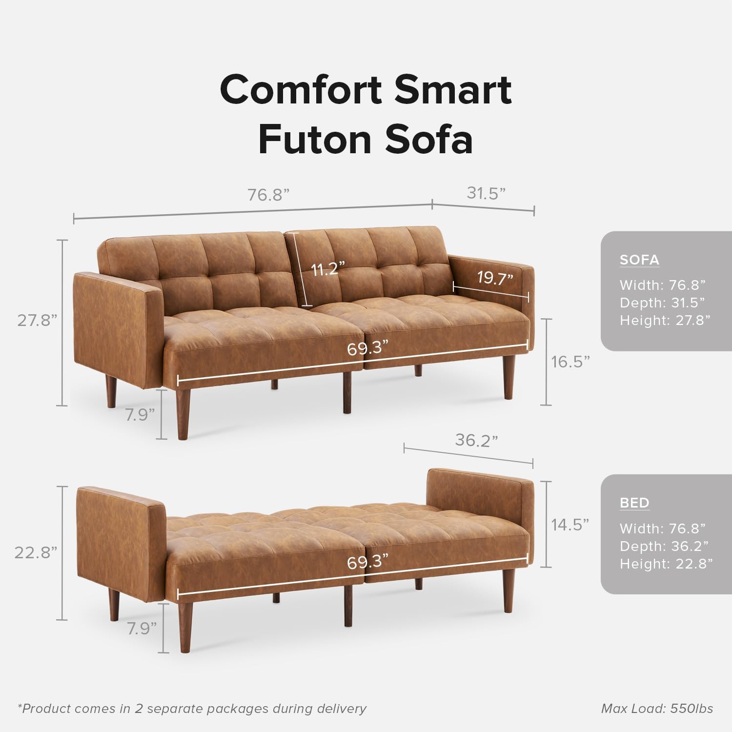 mopio Aaron 76.8" Couch, Small Futon Sofa Bed, Sleeper, Loveseat, Mid Century Modern Futon Couch, Sofa Cama, Couches for Living Room, Bedroom (Pecan Brown, Faux Leather)