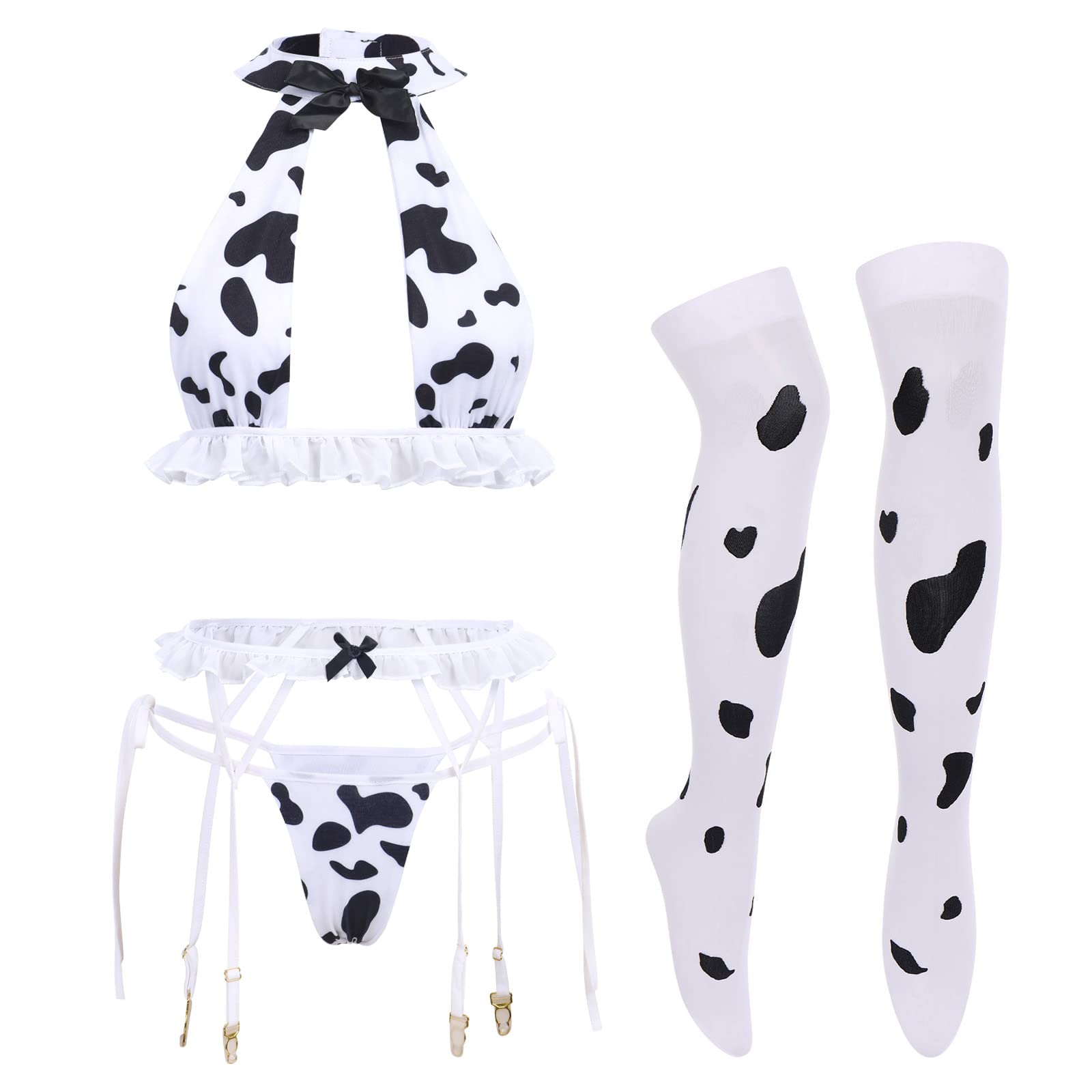 FYMNSI Women Sexy Milk Cow Lingerie Set Anime Maid Cosplay Costume Mini Bikini Bra Bodysuit with Bell Choker Stockings Outfit