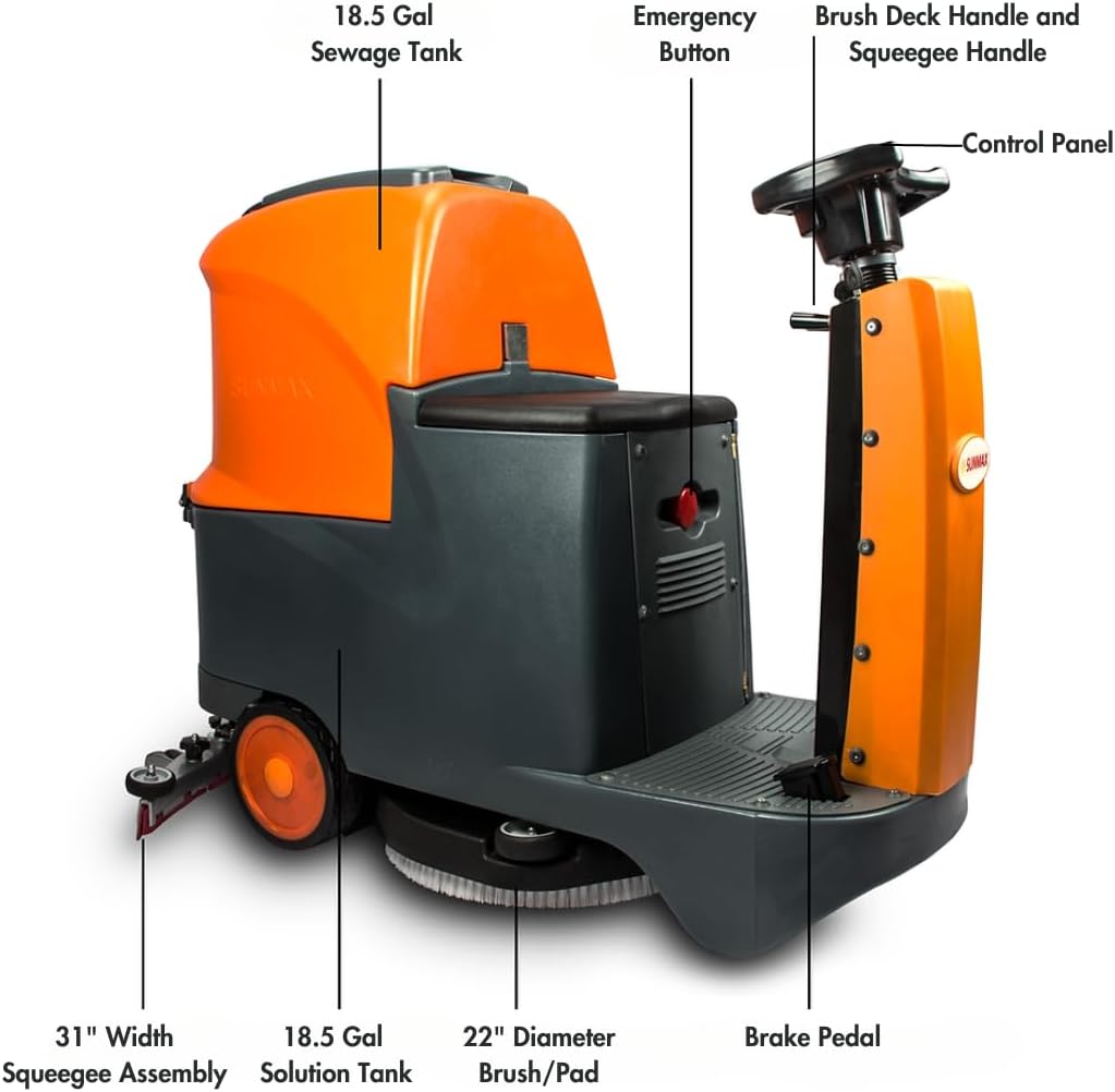 Ride-On Floor Scrubber Machine, 22" Brush, Complete Set of Parts, 5 Hours Continuous Working Time, 18.5 Gal Tanks, 48,000 Sqft/H Efficiency RT70