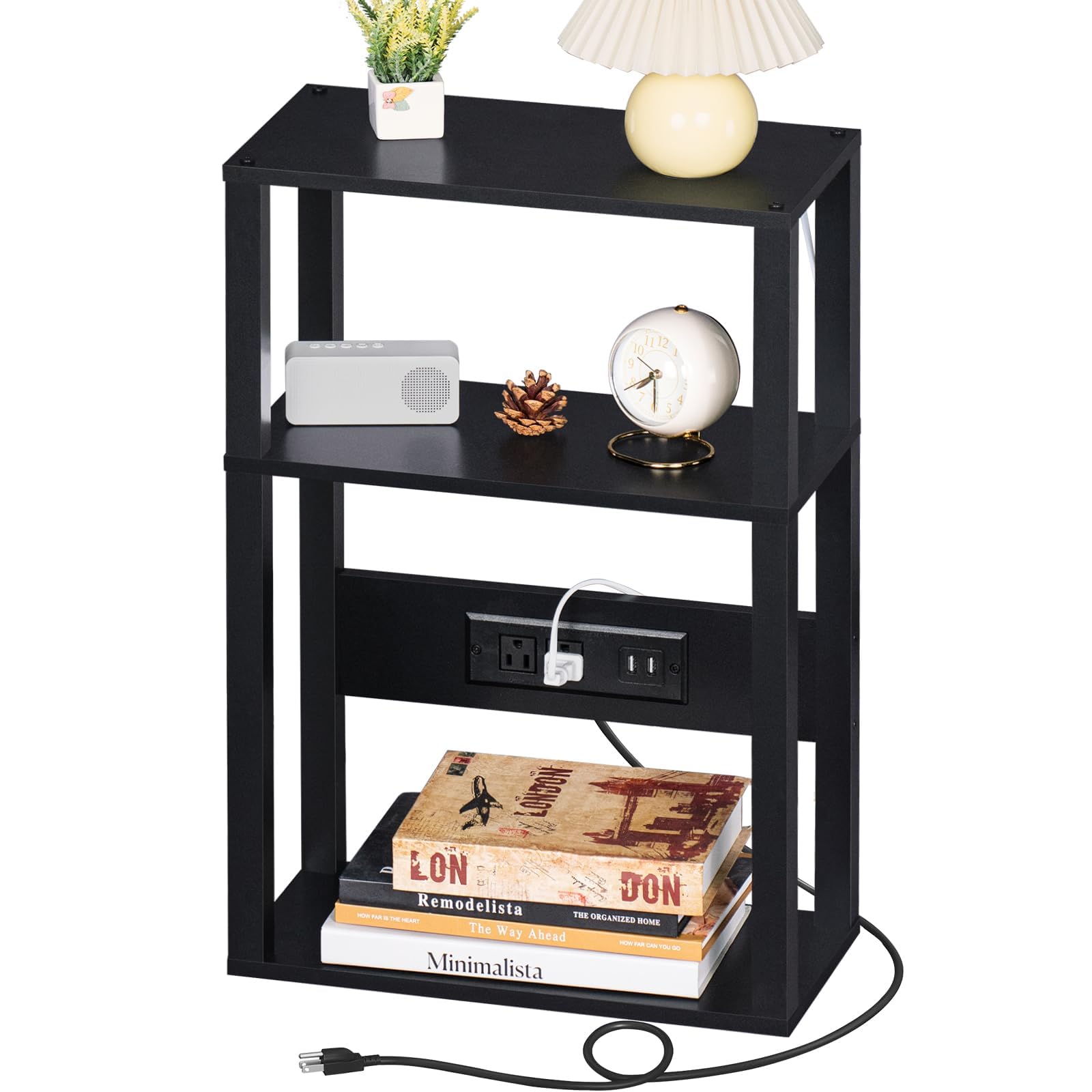 3-Tier Small Narrow Wood Side Table with Charging Station, Skinny Nightstand for Small Space, Slim Bedside Table with Storage for Couch, Thin End Table with USB Ports and Outlets, White