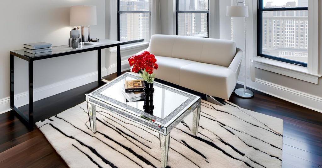 Silver Coffee Tables for Living Room with Dazzling Crushed Crystal Border, Clear Glass Rectangle Center Table Mirrored Finished, Glam Modern Living Room Furniture