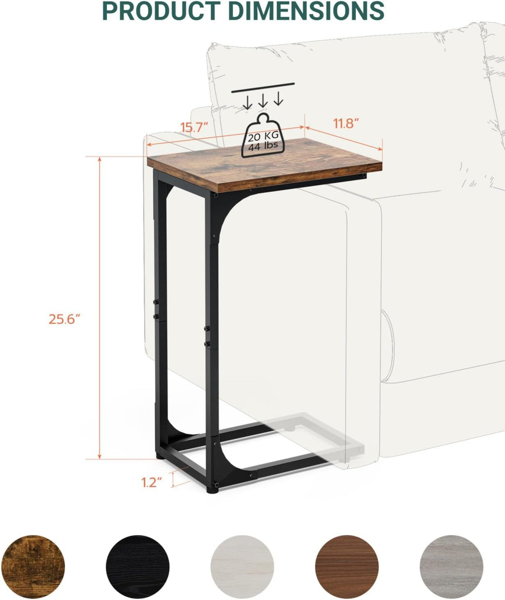 C-Shaped Side Table for Couch - Small Coffee Stand Sofa Tray Desk with Metal Frame and Waterproof Scratch Resistant, Modern End Accent for Living Room, Bedroom, Small Spaces, Rustic Brown