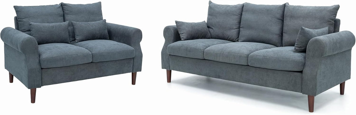 Panana 2 Piece Upholstered 3-Seat Sofa and Loveseat Sofa Set (Grey - Scroll Arm)