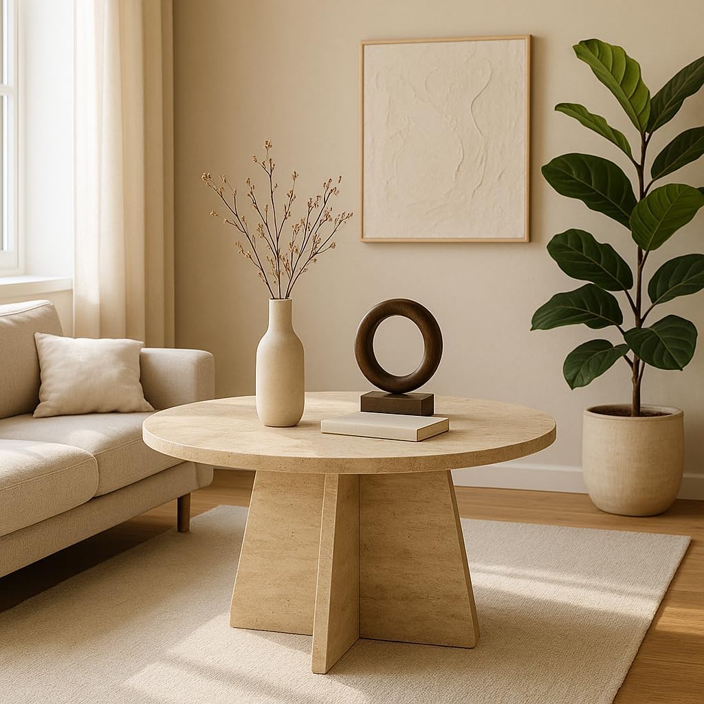 Travertine Efect Coffee Table Modern Side Table for Living Room Accent Table for Sofa or Bedroom (28.3x28.3x16.5 inches)