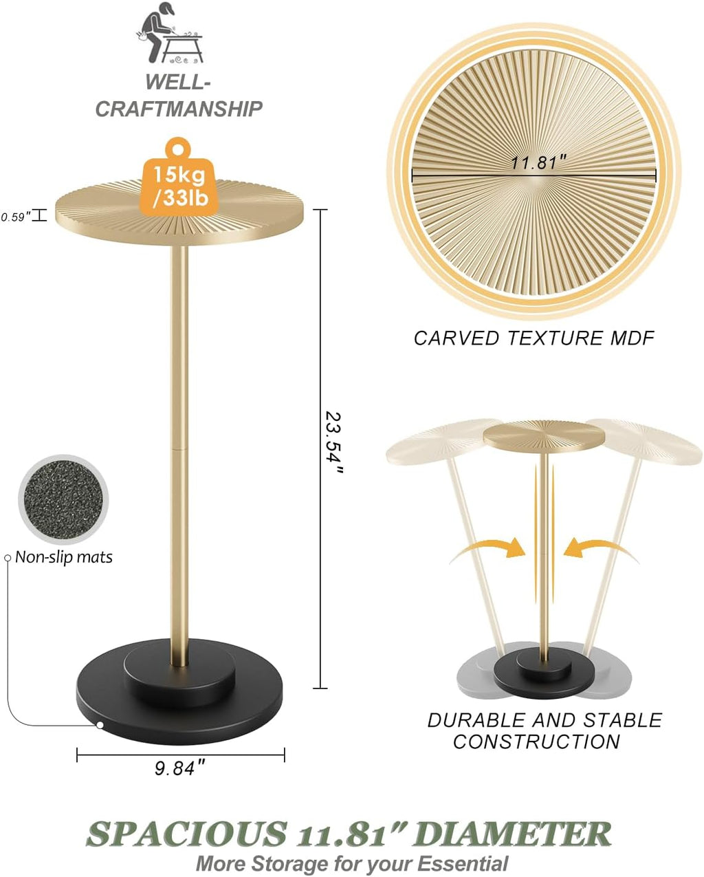 Round Side Table, Small Drink Table for Small Spaces, Modern Accent End Table Coffee Table with Metal Leg for Living Room, Bedroom, Corners, and Office (Gold)