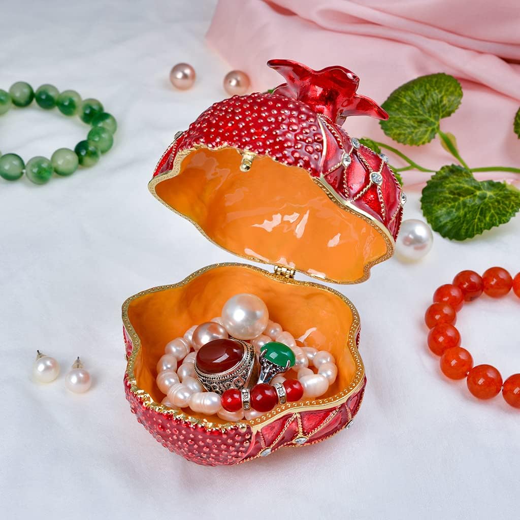 Trinket Box Pomegranate Fruit Gold Plated Crystal Enameled Jewelry Holder Small Home Decor Gifts for Women, Men