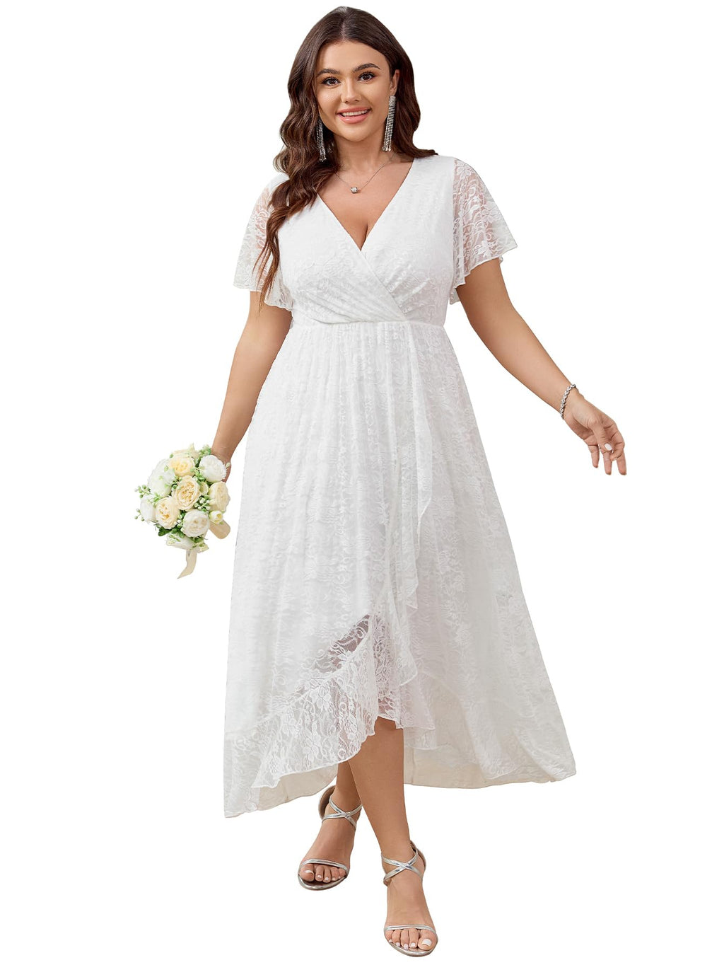 SCOMCHIC Womens Plus Size Wedding Guest Dress Formal Lace Wrap V Neck High Low Short Sleeve Cocktail Maxi Dresses XL-4XL White
