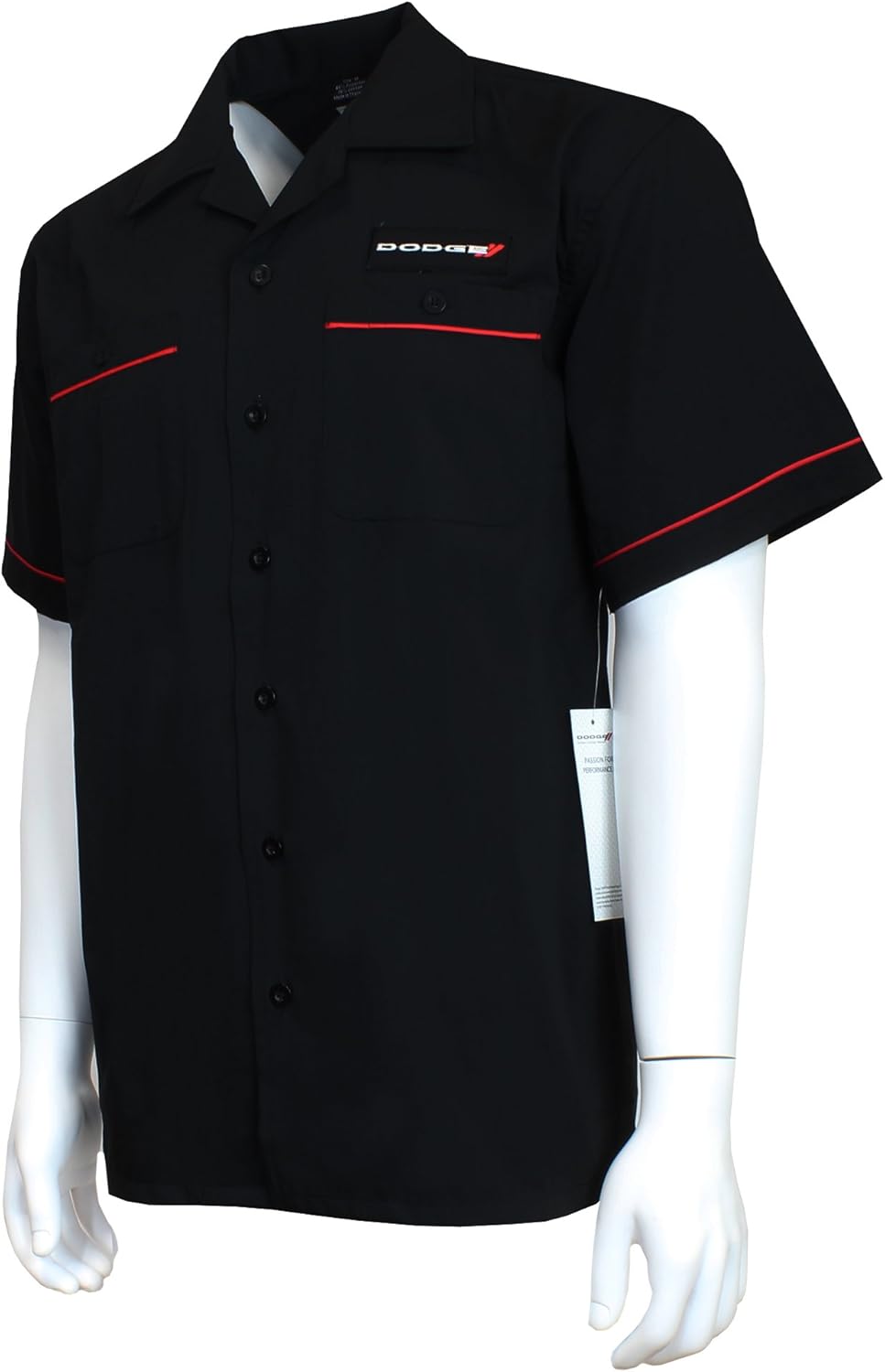 David Carey Dodge Work Shirt – Black & Red – Button Up Collared Short Sleeve Mechanic Camp Shirt with Logo Patch