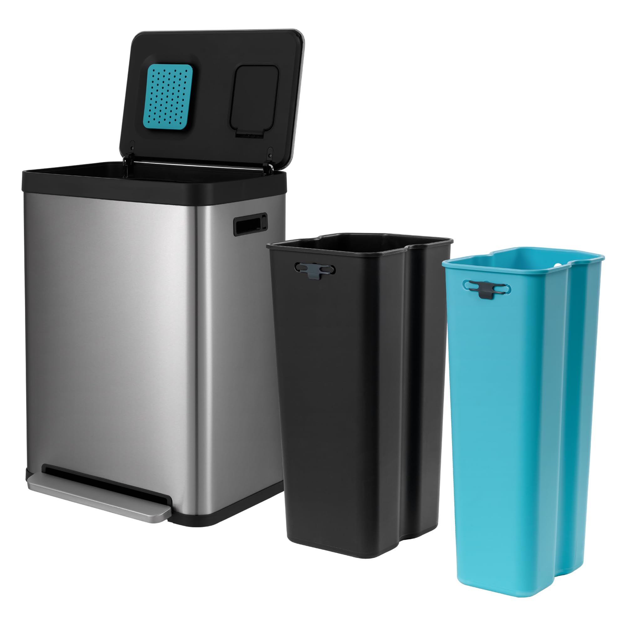 Home Zone Living 19 Gallon Kitchen Trash Can with Dual Compartments for Recycling, CleanAura Odor Control, Stainless Steel, Matte Black, 70 Liters Total