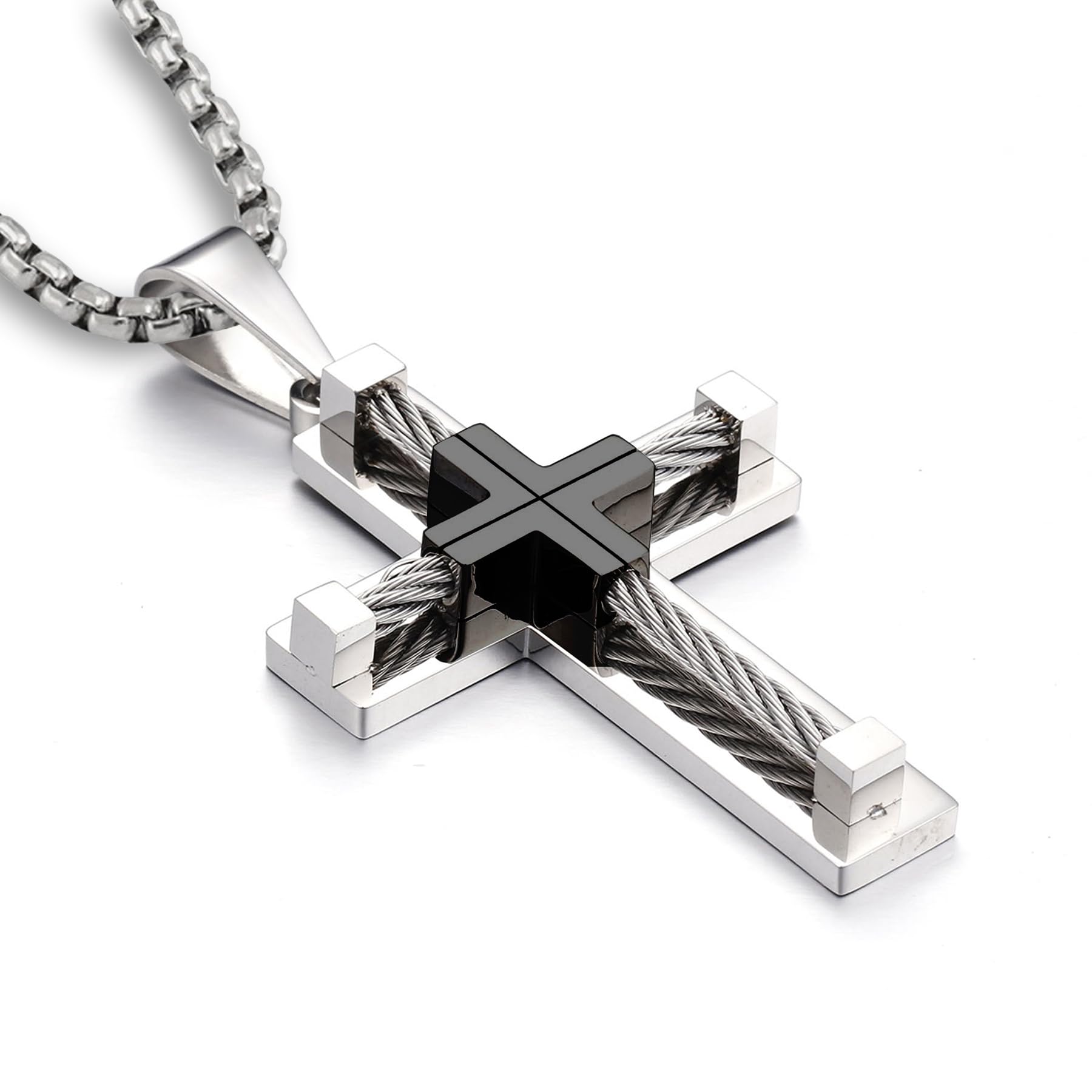 YL Men's Cross Necklace 316L Stainless Steel Large Jesus Christ Pendant Jewelry Rolo Chain for 24''