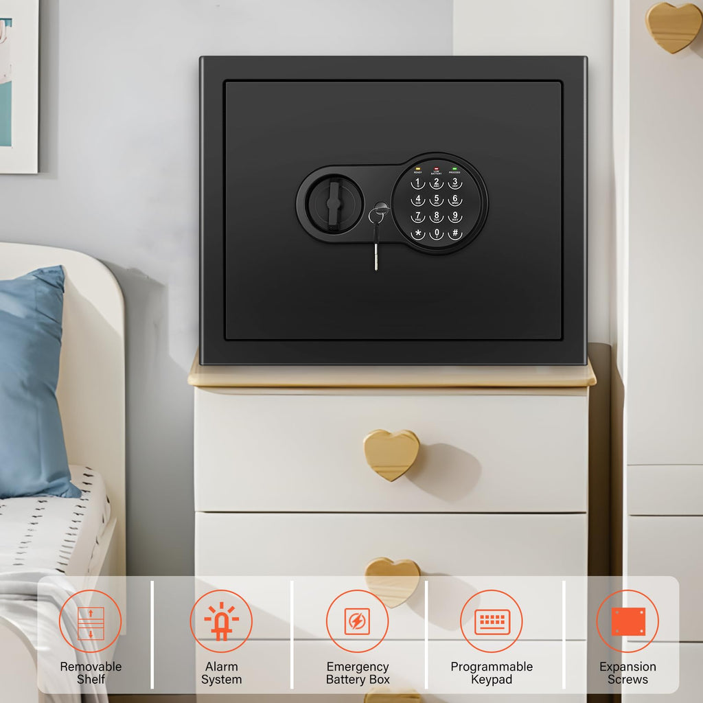 1.6 Cu Ft Home Safe Fireproof Waterproof, Fireproof Safe with Fireproof Document Bag, Programmable Keypad & Removable Shelf, Digital Home Security Safe Box for Money Firearm Medicines Valuables