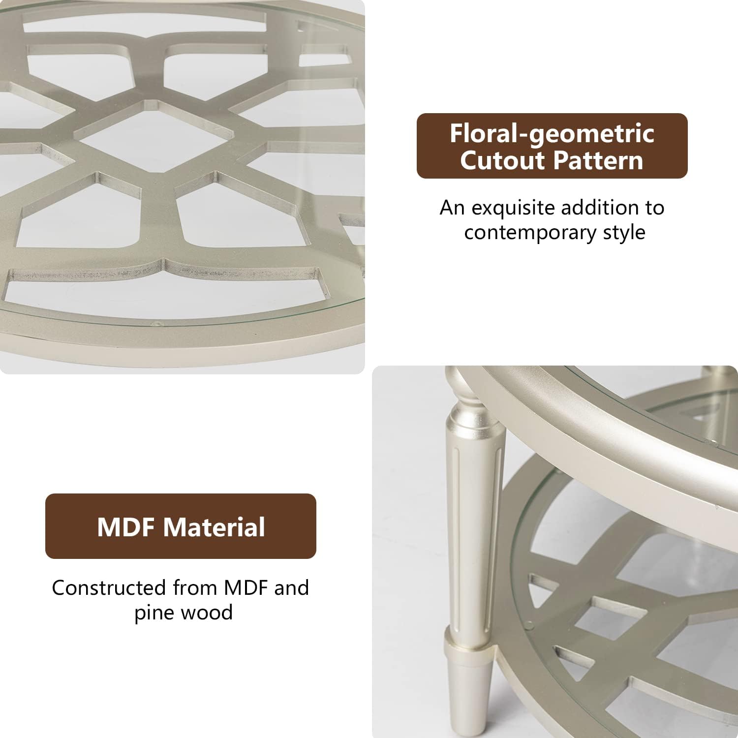 COSIEST Glass Coffee Table, 32" Round Coffee Tables with Storage, 2-Tier Glass Top, Clear Coffee Table, Simple & Modern Center Table for Living Room or Home Office (Champagne)