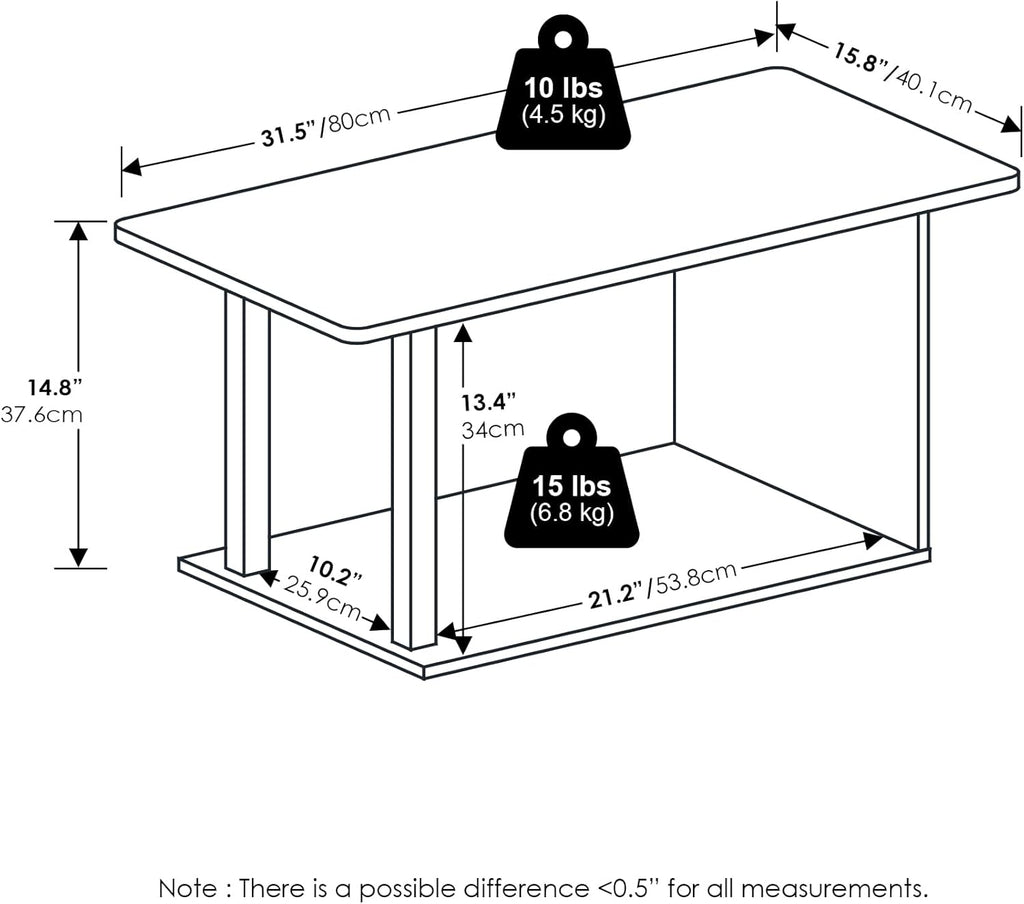 Furinno Basic Coffee Table, 2-Tier Modern Coffee Table with Open Shelf, Easy Assembly Side Table, for Living Room, Bedroom, Home Office, White