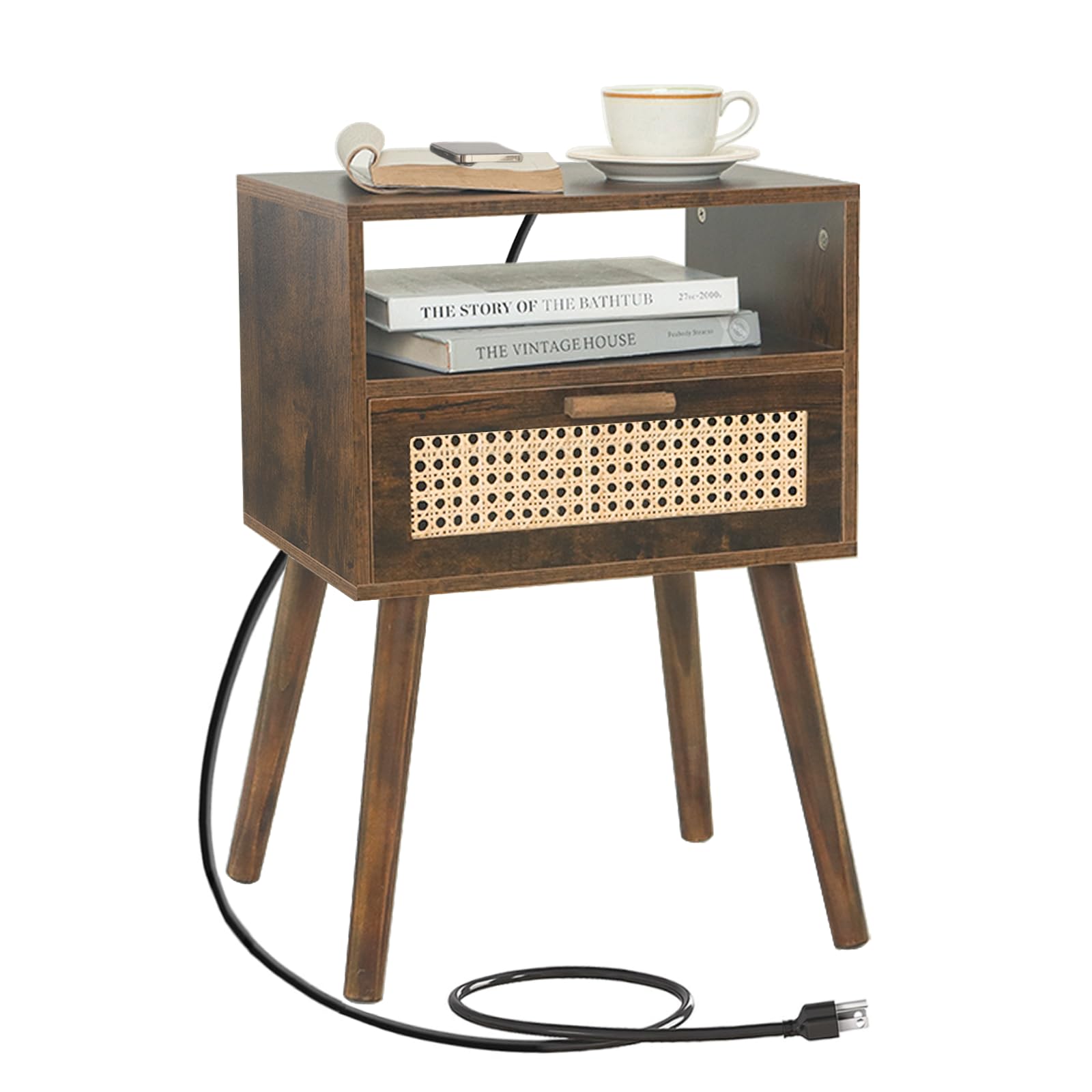 MaxSmeo End Table with Storage Mid Century Nightstand with Rattan Drawer and Shelf, Wood Small Side Coffee Table for Small Space, Living Room and Bedroom, Easy Assembly (Black)