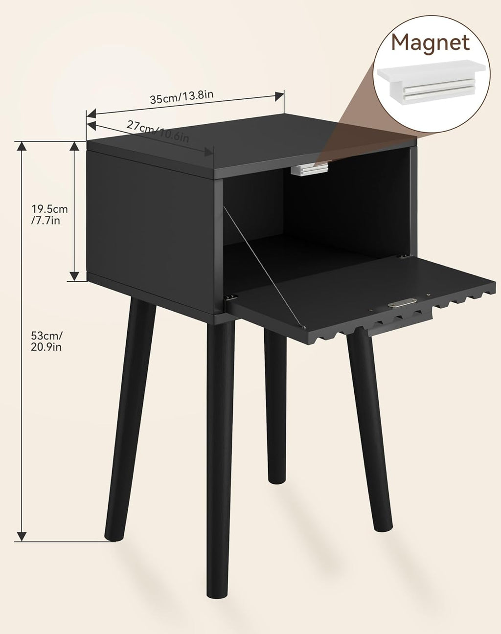 YMYNY Fluted Nightstand Set of 2, Small End Table, Modern Coffee Table with Drawer, Solid Wood Legs, Retaining Chain, 13.8" x 10.6" x 20.9", for Bedroom and Small Spaces, Black UHST014B-2