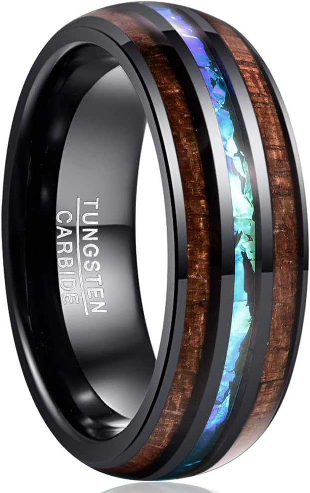 Vakki 6mm/8mm Tungsten Rings for Men Hawaiian Koa Wood Inlay Dome Abalone Shell/Blue Center Wedding Bands Comfort Fit Size 4 to 17