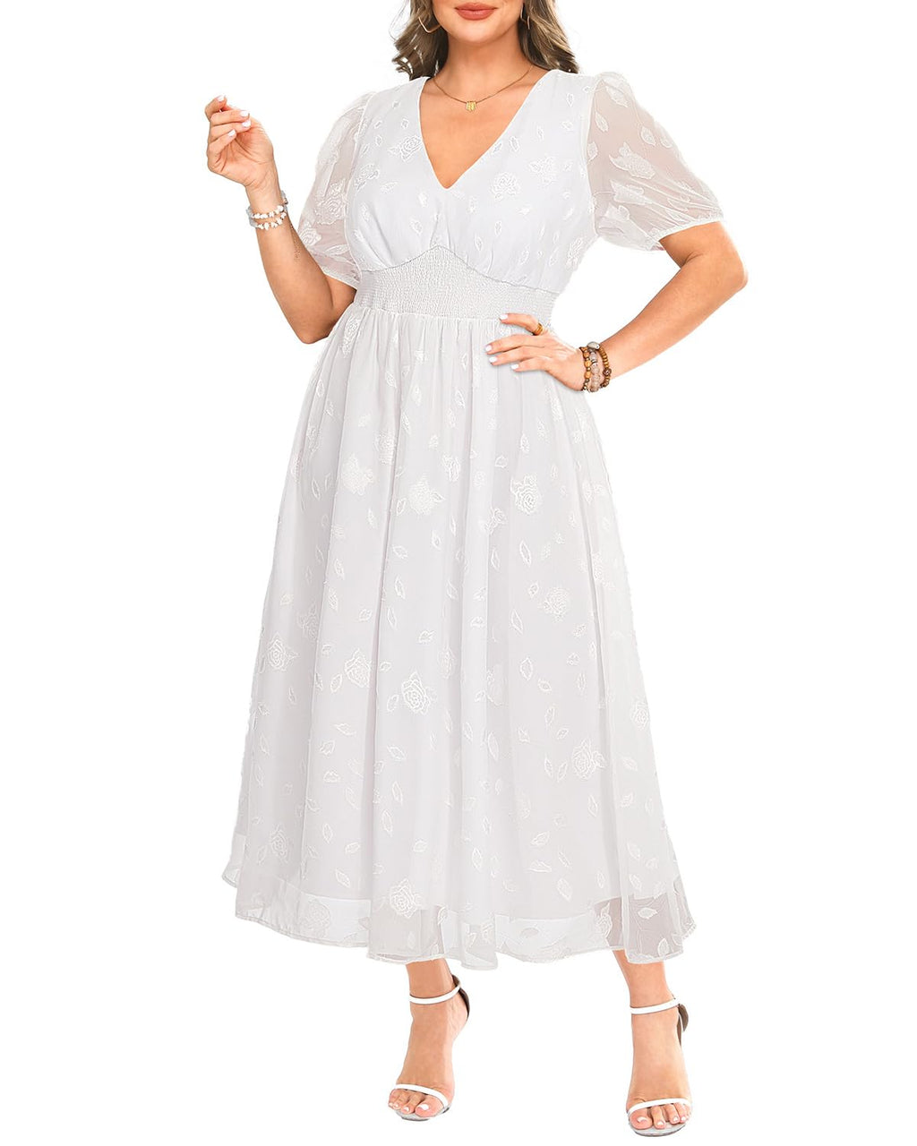 Women Plus Size White Dress Maxi Bridal Shower Summer Chiffon Easter Temple Short Puff Sleeve Long Elegant Aline Dress