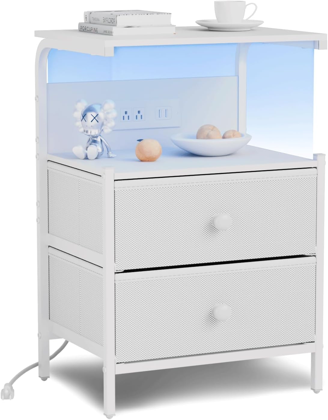 Nightstand with Charging Station and LED Lights, Side Table with 2 Fabric Drawers, Bedroom Nightstand, 3 Tier Storage Coffee Table, Living Room (1, White)