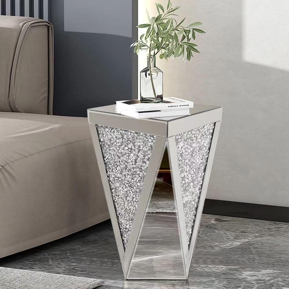 Pregaspor Silver Mirrored End Table, Square Side Table With Crystal Inlay, Modern Gorgeous Coffee Table for Living Room Bedroom