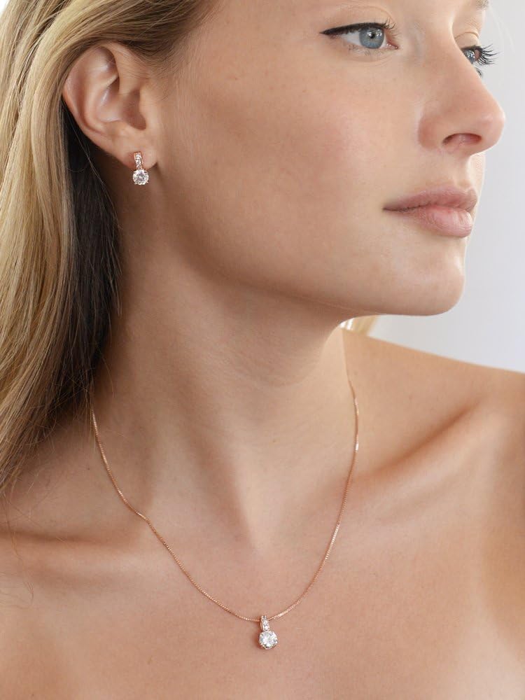 Mariell Rose Gold Round-Cut Cubic Zirconia Necklace Earrings Set for Brides, Bridesmaids & Everyday Wear