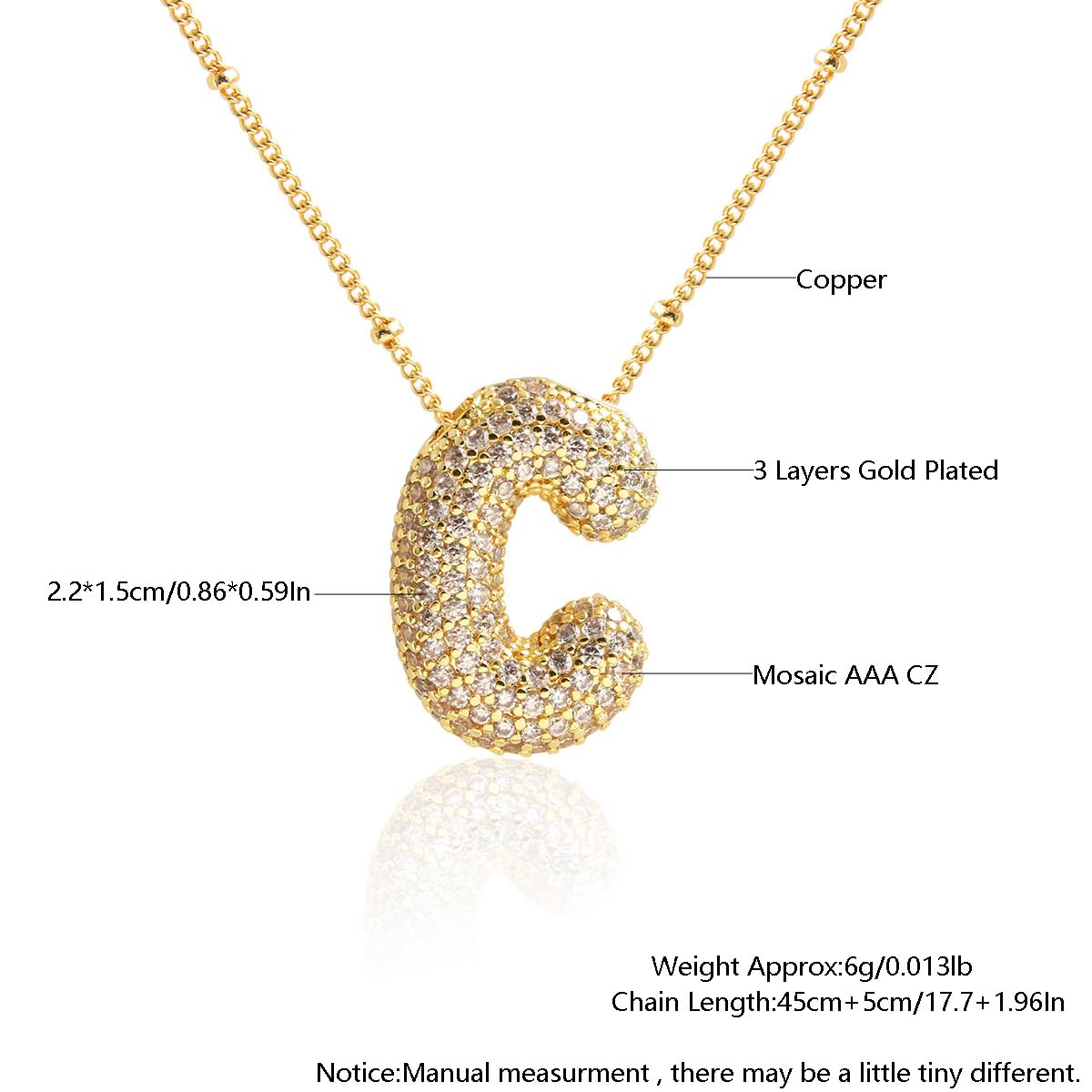 Z ZACHÉ 18k Gold Plated Bubble Letter C Necklace Women Cubic Zirconia Balloon Initial Necklace Cute Puffy Monogram Necklace