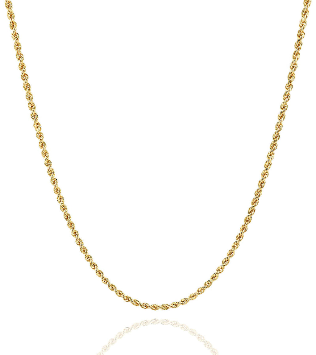 Coleção de Colares de Corrente de Ouro do Ateliê de Joias - Colares de Corrente de Corda Revestidos em Ouro Amarelo Maciço 14K para Mulheres e Homens com Diferentes Tamanhos (2.1mm, 2.7mm ou 3.8mm)