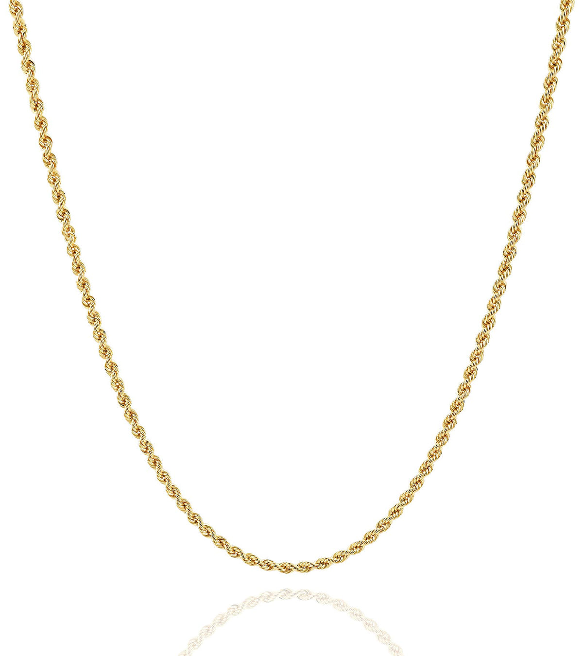 Coleção de Colares de Corrente de Ouro do Ateliê de Joias - Colares de Corrente de Corda Revestidos em Ouro Amarelo Maciço 14K para Mulheres e Homens com Diferentes Tamanhos (2.1mm, 2.7mm ou 3.8mm)