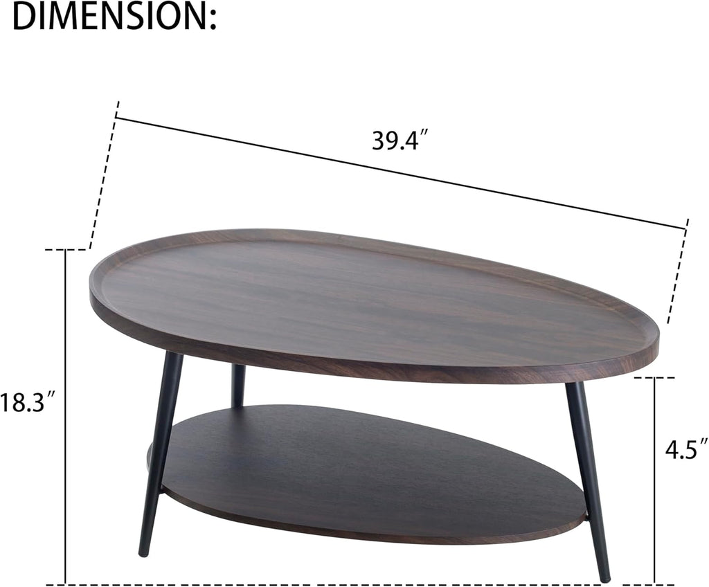 Oval Coffee Table, 2-Tier Coffee Table with Open Storage Shelf, 40" Modern Wood Center Table Tea Table for Living Room, Bedroom, Apartment, Dark Walnut